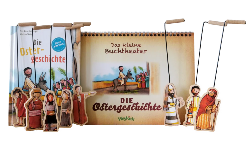Ergänzungsset Ostern 258 - Buch, 12 Bühnenbilder, 8 Figuren aus Holz-WeyKick