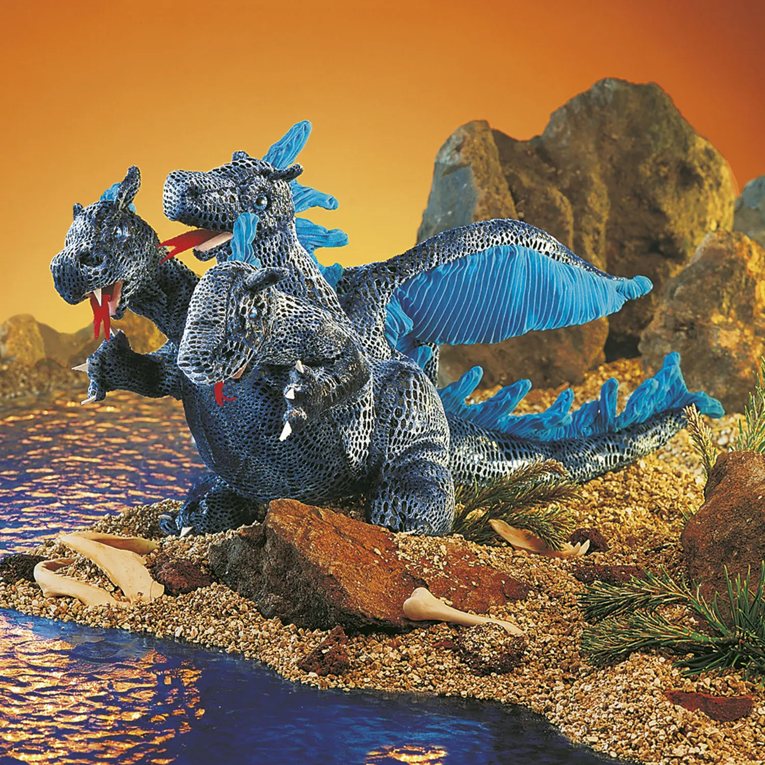 Dreiköpfiger Drachen, blau / Blue Three-Headed Dragon-Folkmanis® Puppets