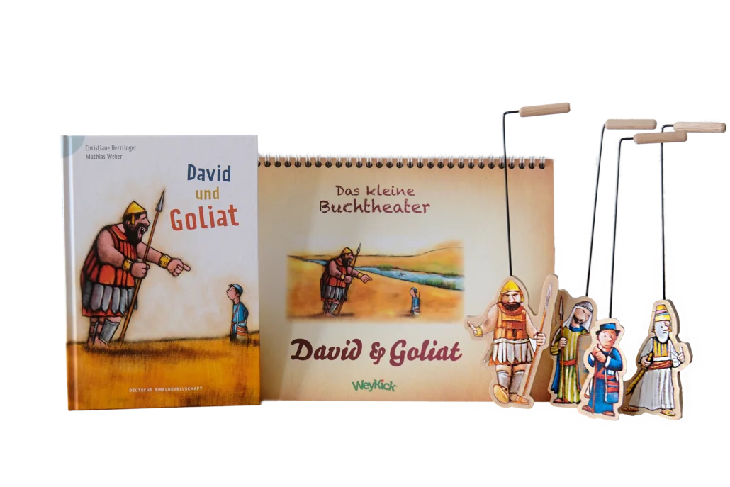 Ergänzungsset David und Goliat 259 - Buch, 12 Bühnenbilder, 8 Figuren aus Holz-WeyKick