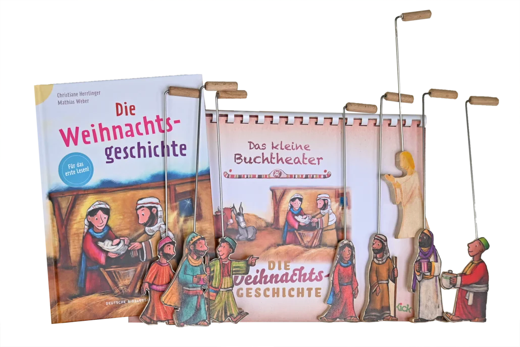 Ergänzungsset Weihnachten 257 - Buch, 12 Bühnenbilder, 8 Figuren aus Holz-WeyKick